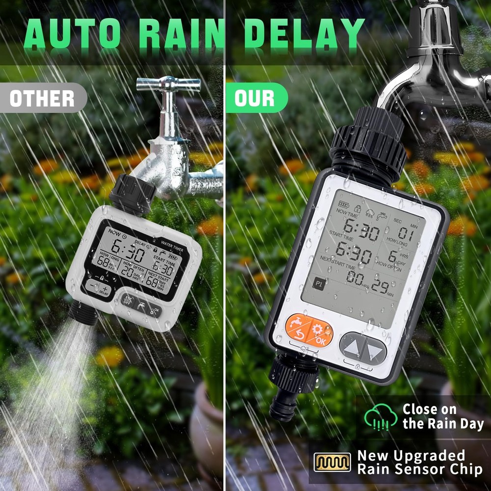 10Program Hose Sprinkler Timer, IP54 Waterproof, Auto Rain Delay, 3.3in LCD
