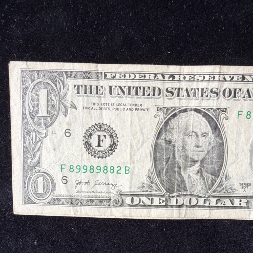 $1 US Dollar Bill Error Note F89989882B Misaligned Partial Print trinity four 8s