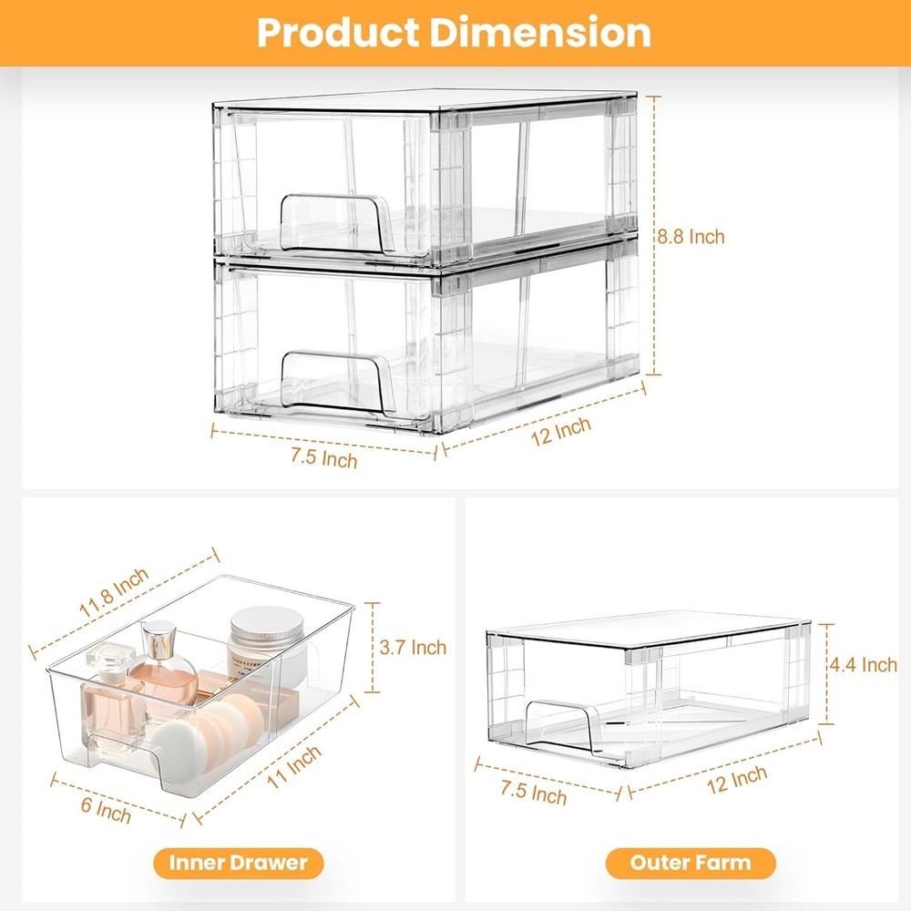 2 Pack Stackable Storage Drawers,Plastic Organizers Bins Drawers Storage W/
