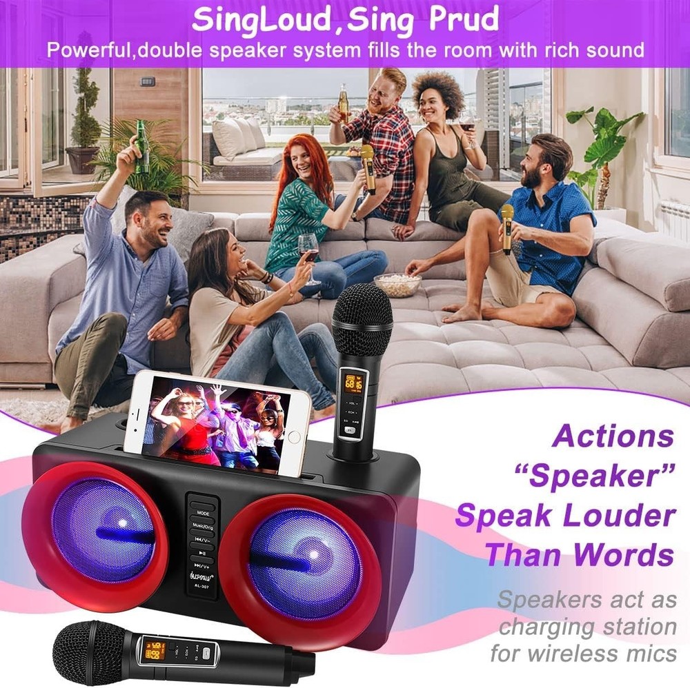 ALPOWL Mini Portable Karaoke Machine with 2 UHF Wireless Mic Bluetooth & LED