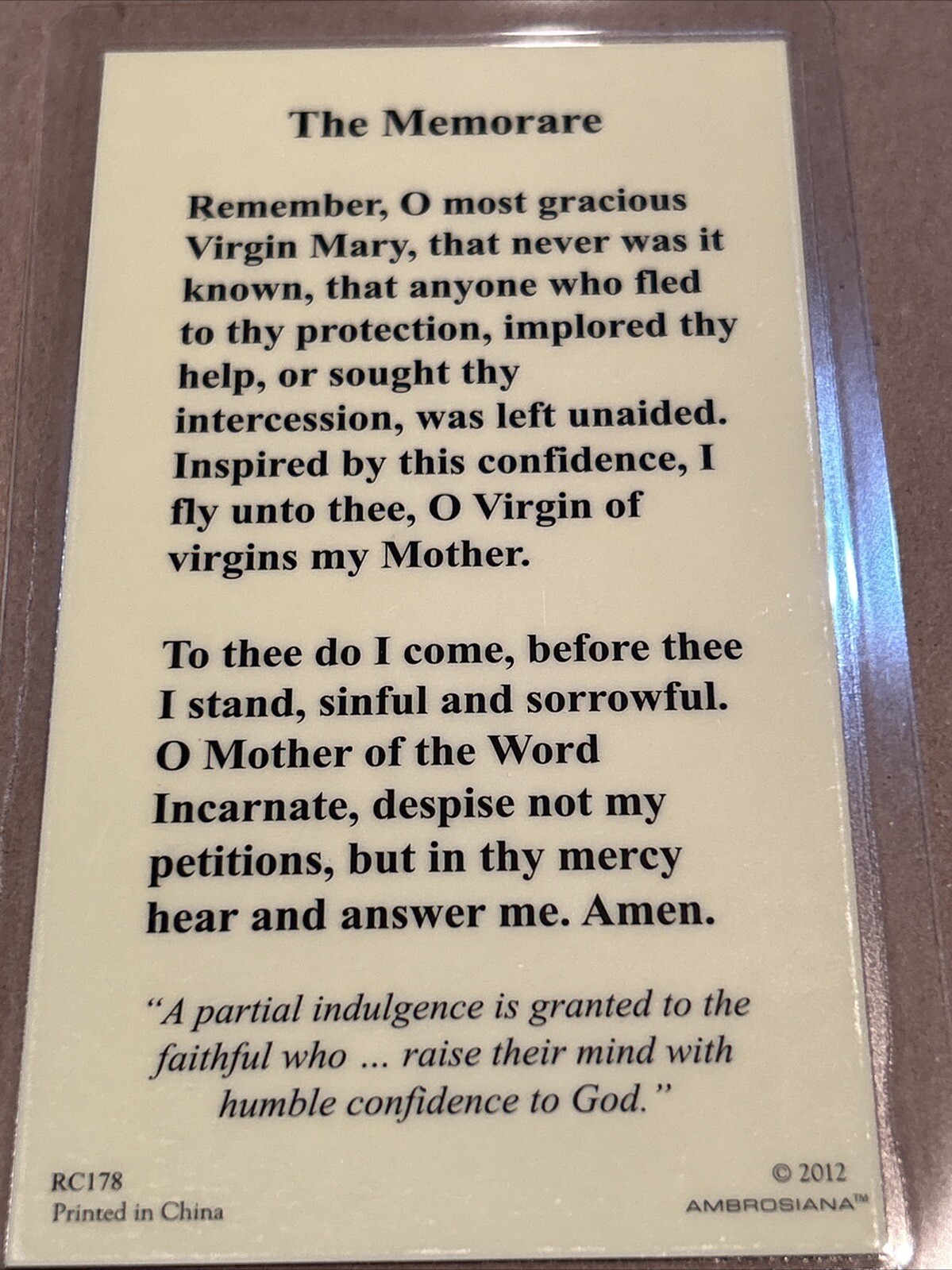 Holy Card “The Memoraré ” Prayer on Back Laminated Prayer Card