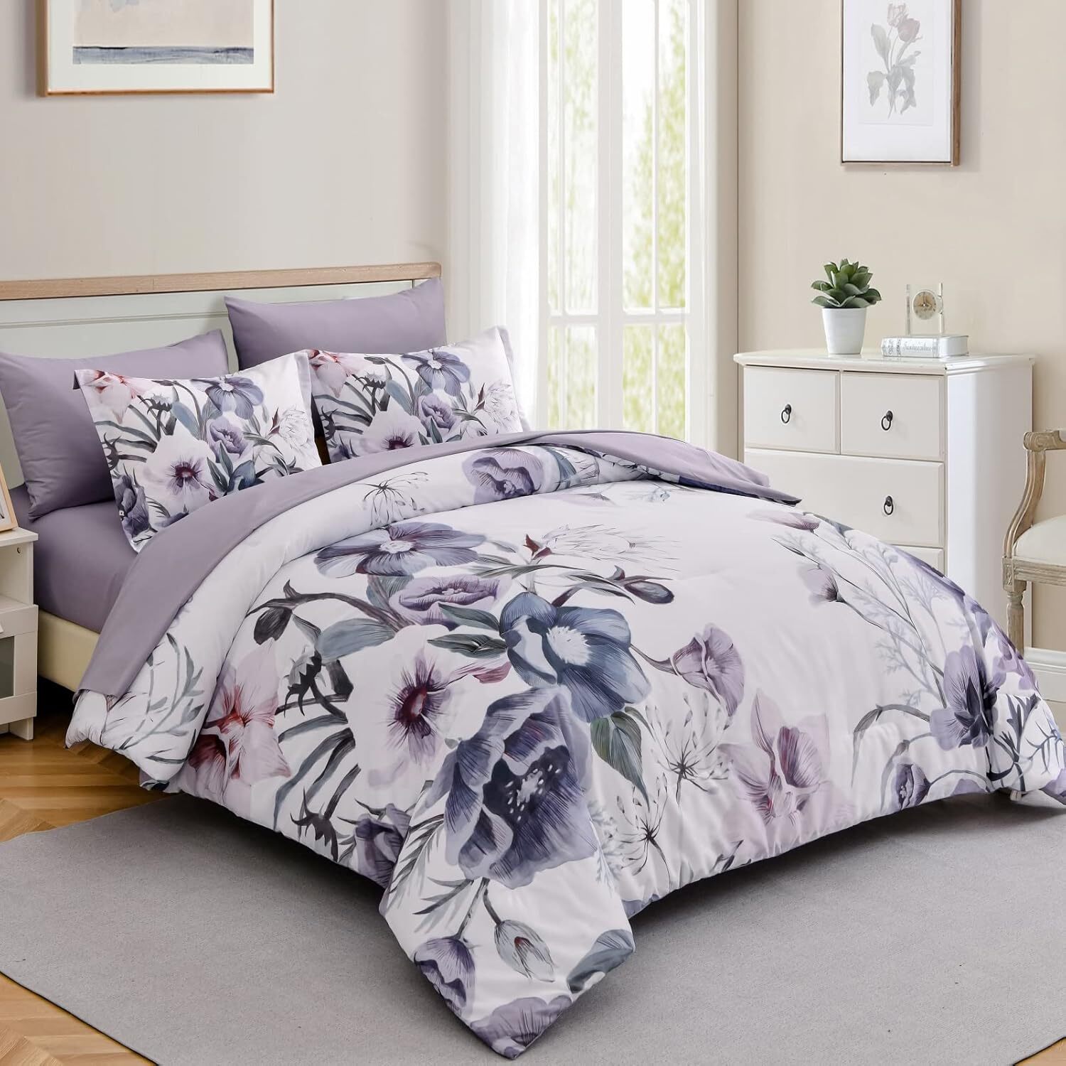 Floral Comforter Set Queen Size 7 Piece, Flower Bed in a Bag,Floral Comforter