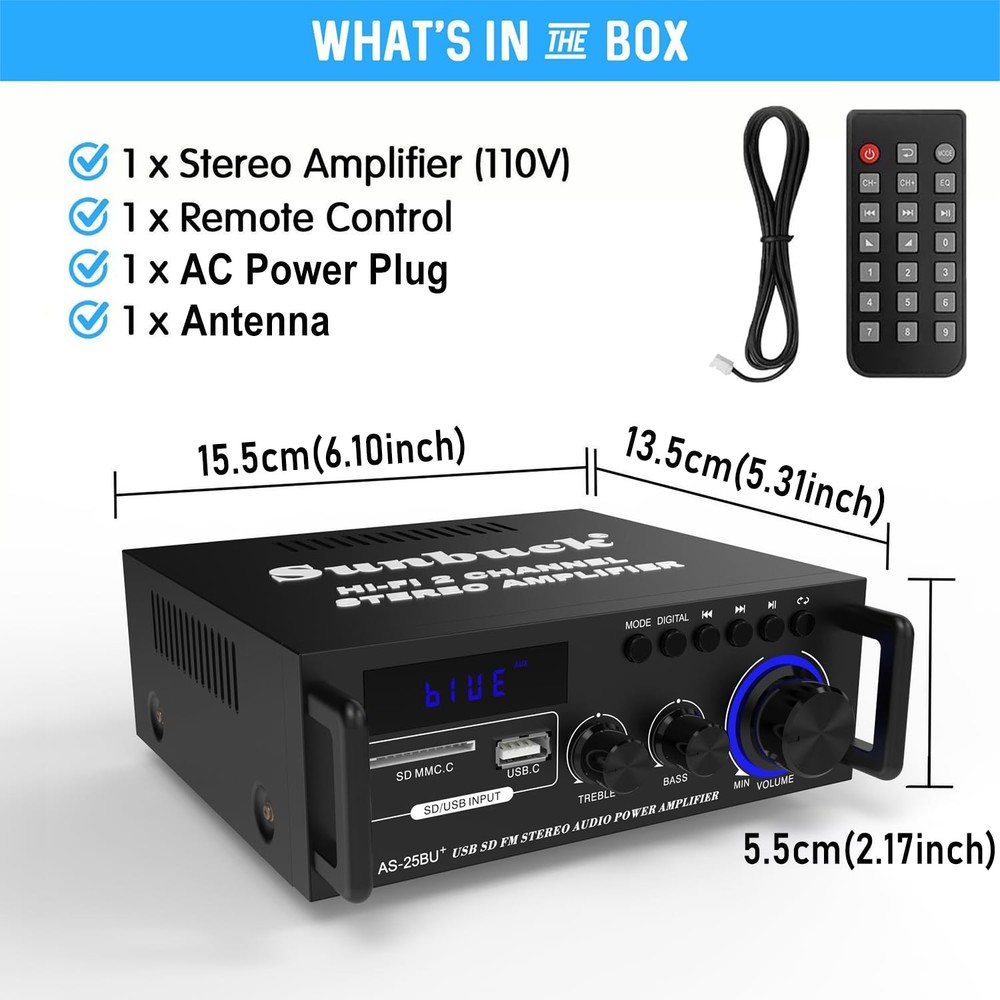 Sunbuck Small Stereo Amplifier, Receiver with Size-300W, Black