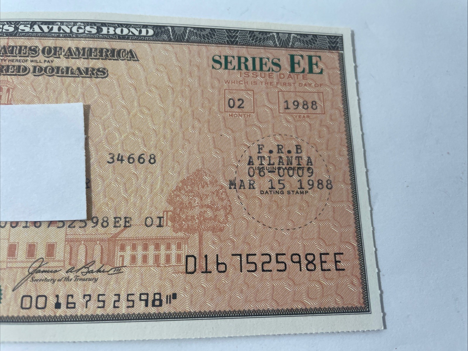 $500 UNITED STATES Savings Bond Series EE 1988 Hamilton Uncirculated Uncashed