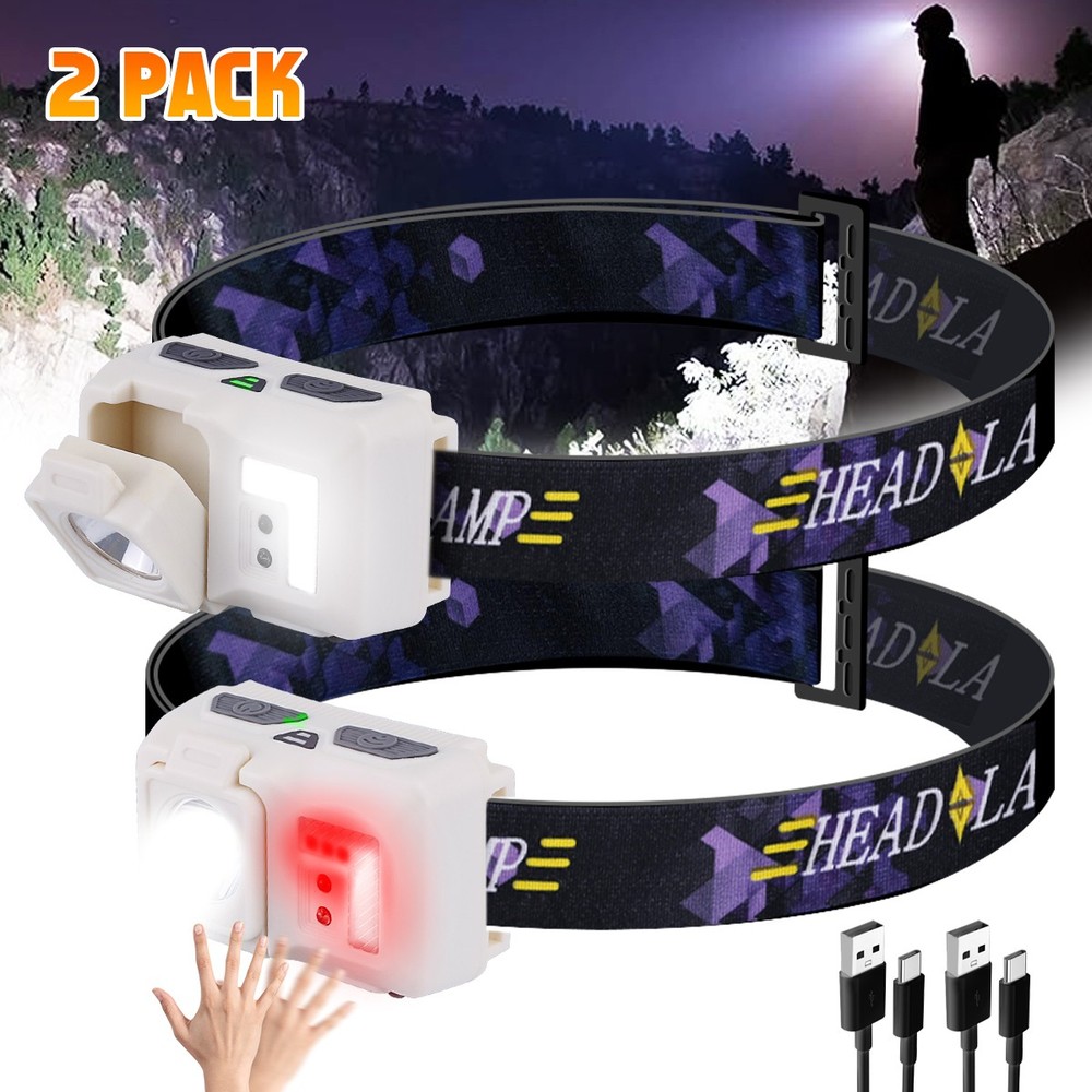 2x COB LED Headlamp Rechargeable Super Bright Motion Sensor Headlight Head Torch