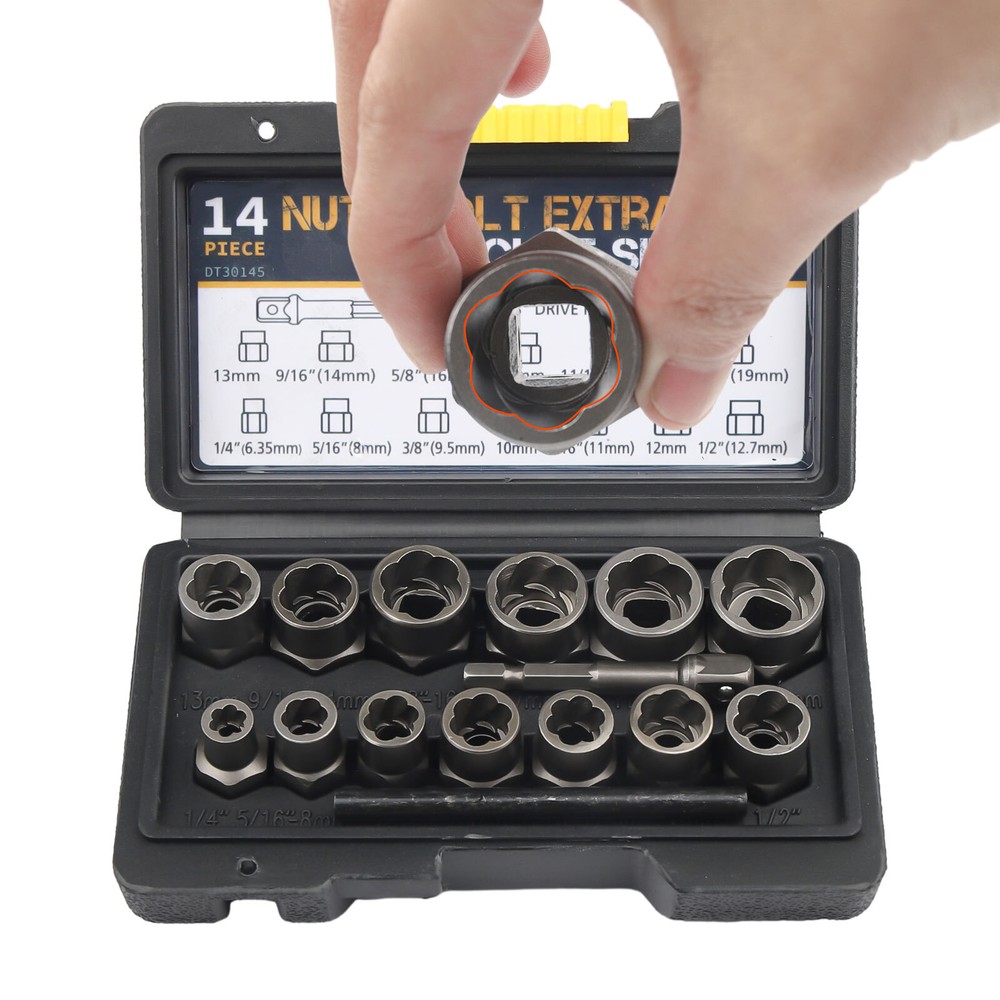 15PC Impact Bolt & Nut Remover Set Extractor Damaged Rusted Adapter Storage Case