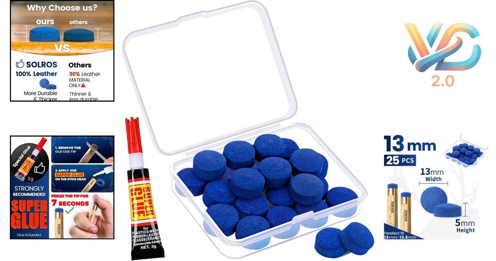 Pool Cue Tips Kit 25 Pcs 13mm Leather Replacement & Storage Box