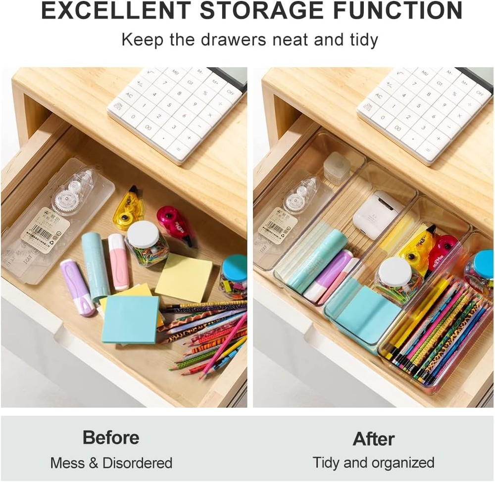 8 Pack Clear Plastic Drawer Organizer Bins Set Stackable Cutlery Storage Bins