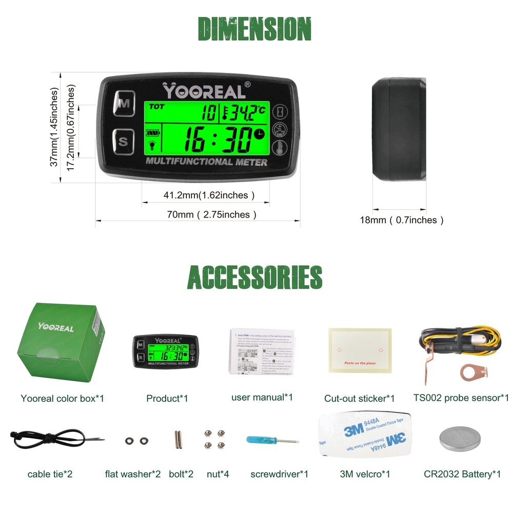 Yooreal Digital Tach Hour Meter,Small Engine Temperature HM035A TS002
