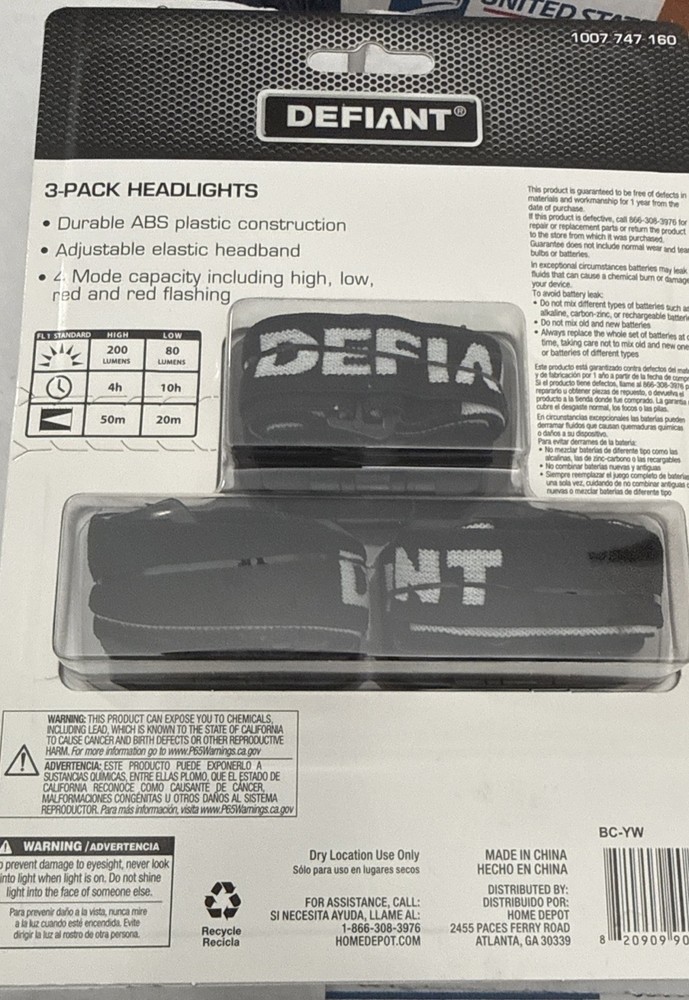 Defiant LED Headlight 3-Pack 200 Lumen Elastic Headband Flashlight