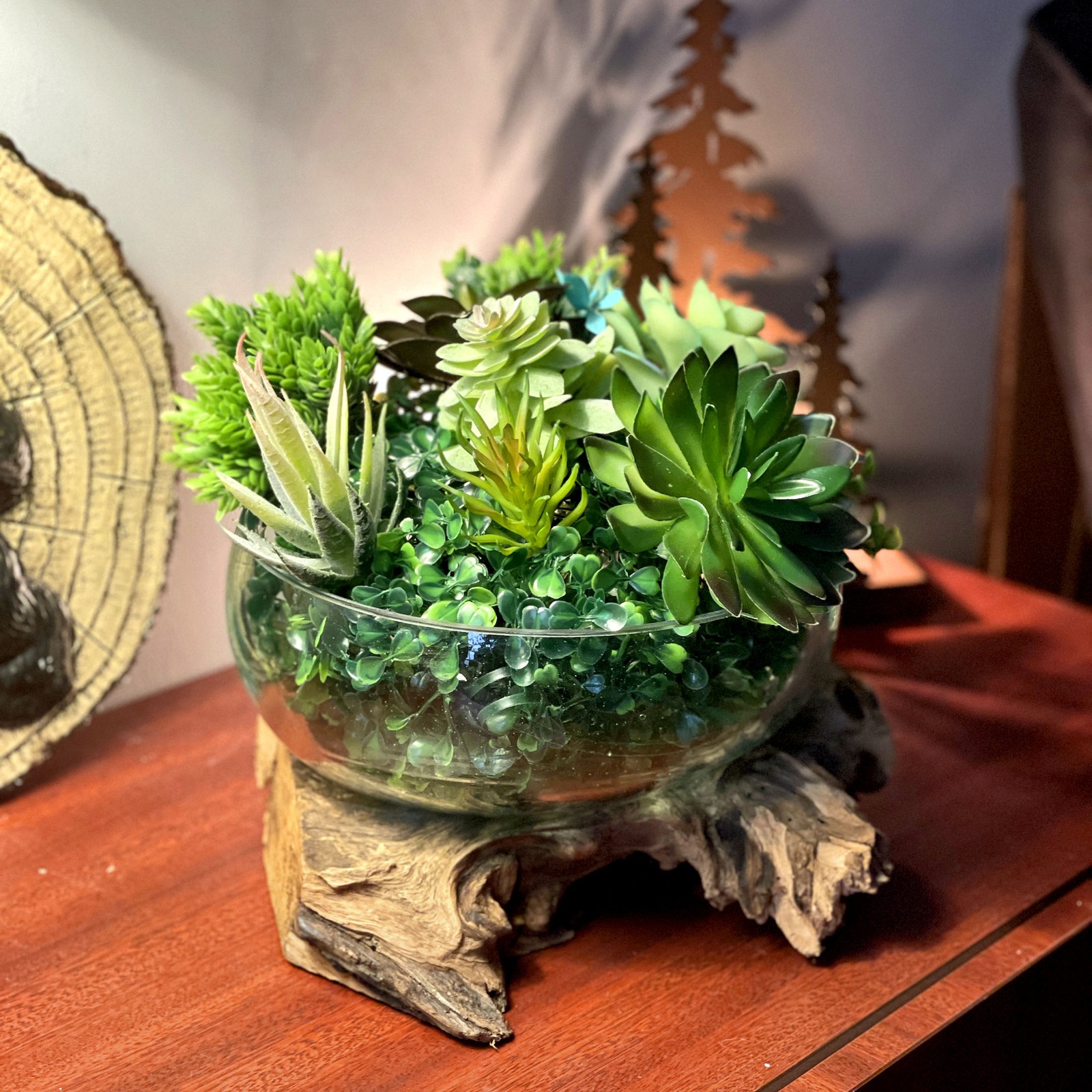 Molten Glass Bowl on Driftwood 10" Hand Blown Decorative Centerpiece Planter