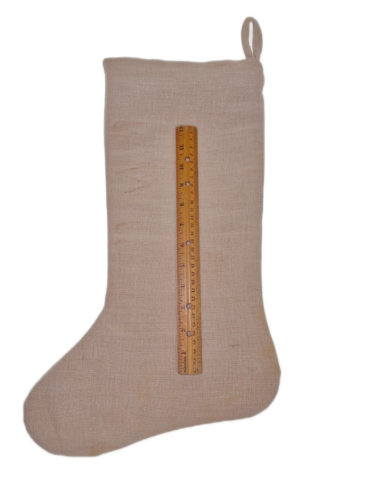 19” Christmas Stocking Beige Jute with Embroidered Holly Berry & Leaves