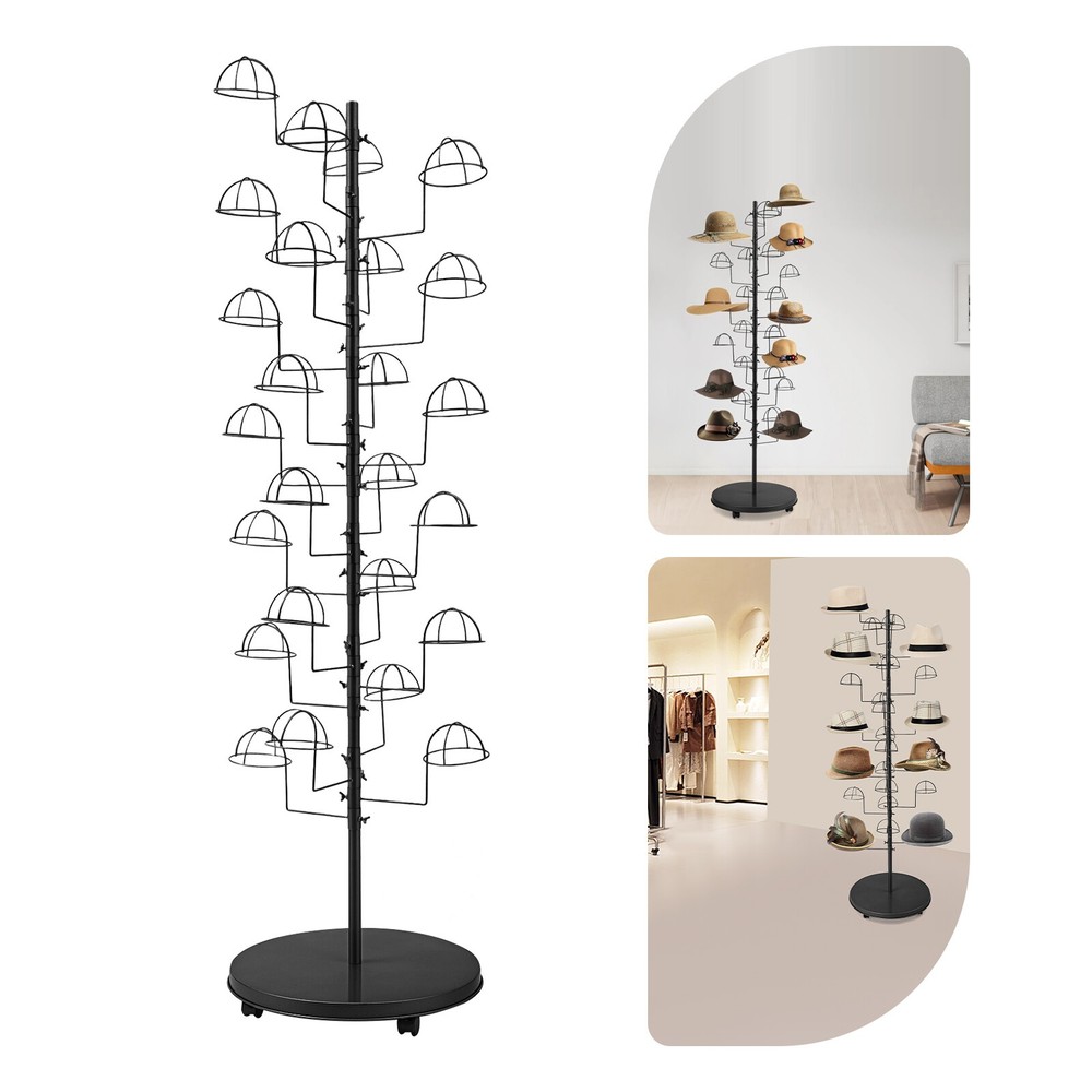 Freestanding Black Hat Display Rack with 25 Hooks for Easy Storage