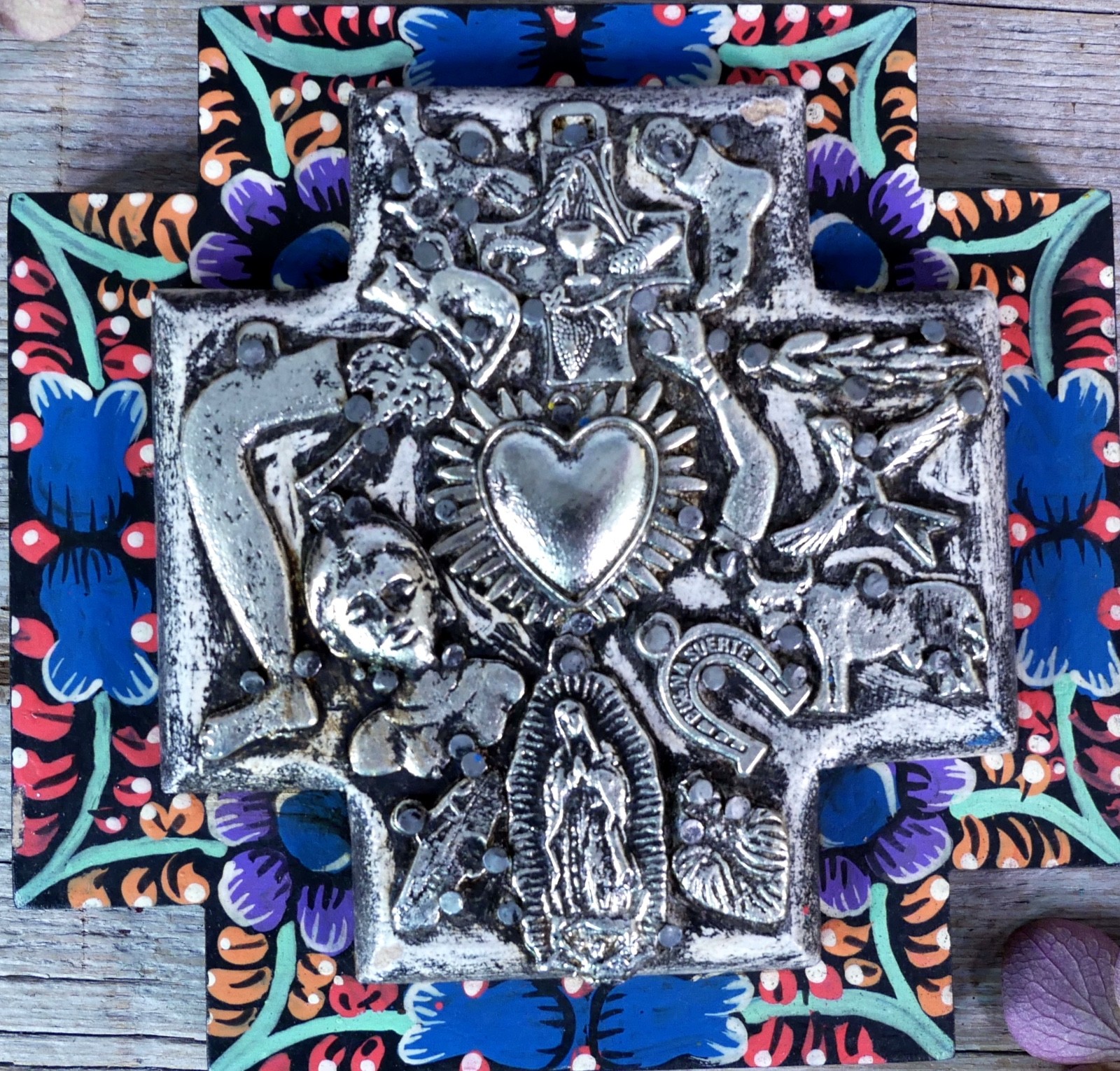 Greek Cross Wood Milagros Hand Painted Floral Boarder Handmade Mexican Folk Art