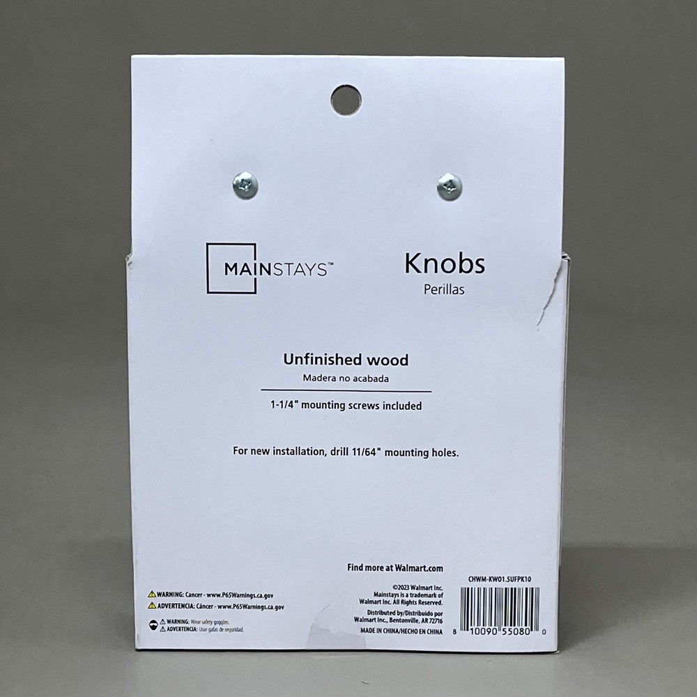 MAINSTAYS (2 PACK, 10 KNOBS EACH) Round Cabinet Knobs 1-1/2" Dia Unfinished Wood