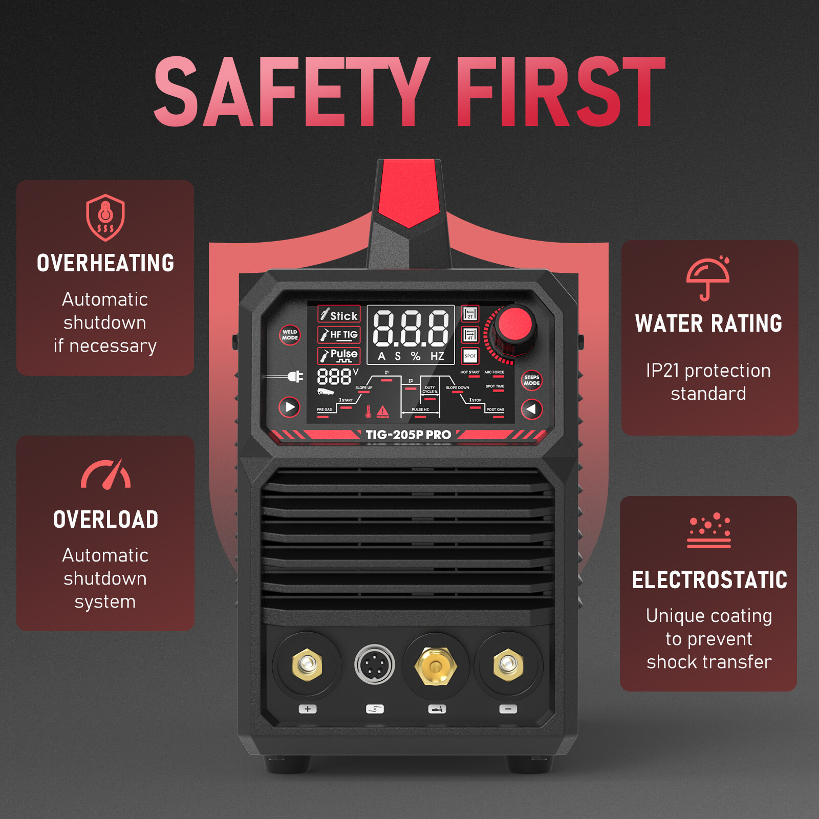 TIG Welder With Pulse 205Amp Large LED Display, STICK/DC TIG/PULSE TIG 3 In 1