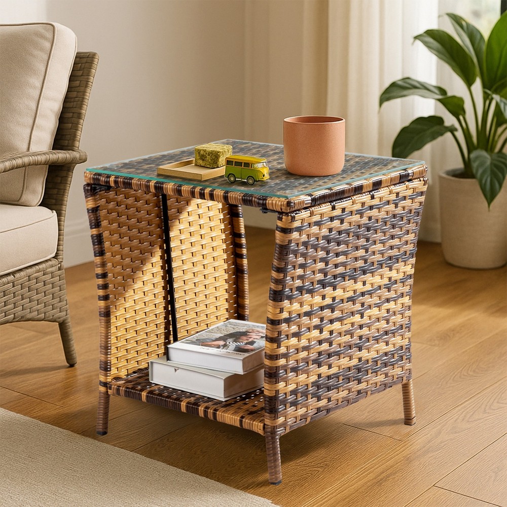 Glass Surface Yellow Gradient Iron Frame Rattan Side Table