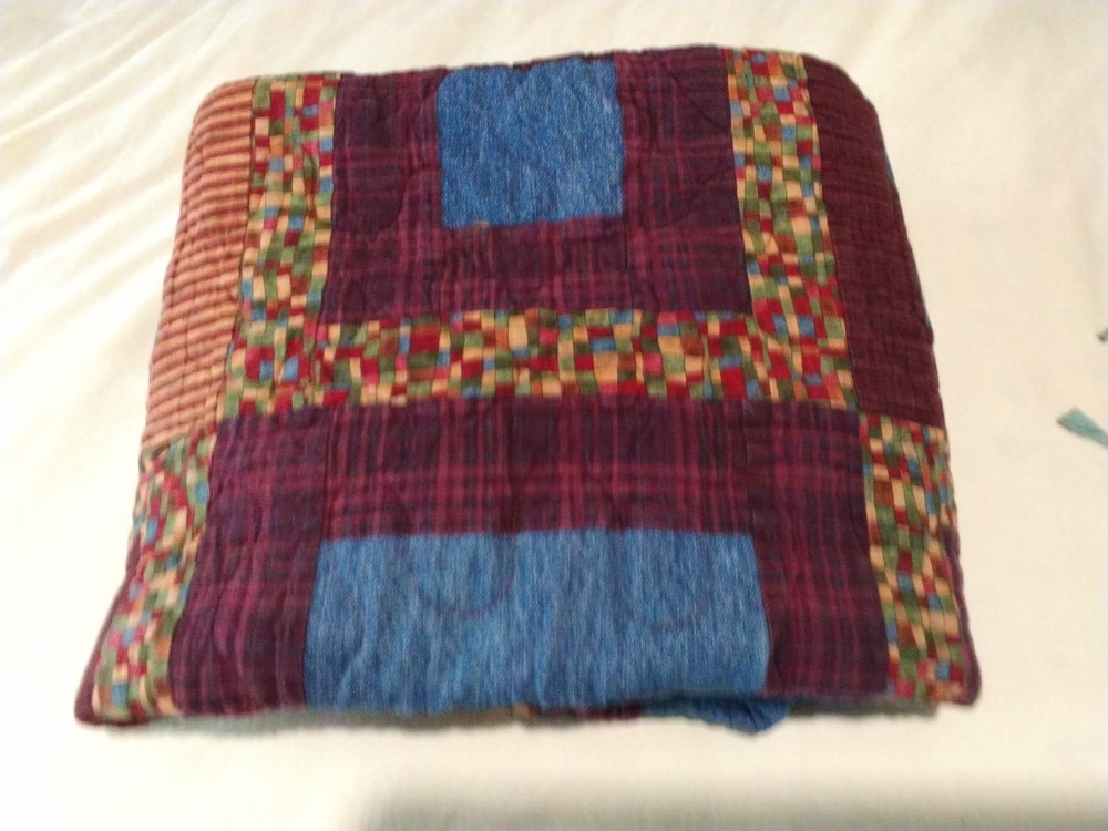 Patchwork Quilt 46"X52", Square Deep Colors Strip, Checkered, Denim, Plaid, Nice