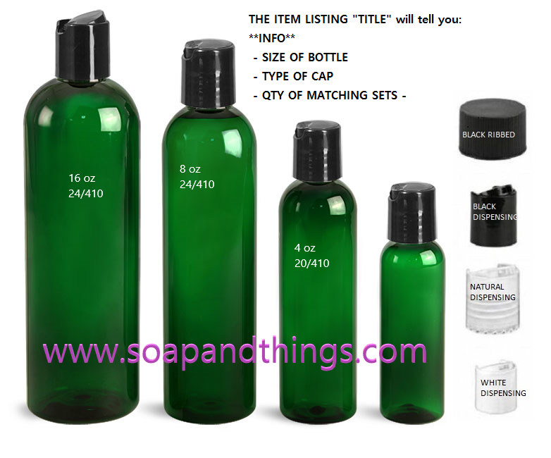 4 oz GREEN Bullet Plastic Bottle -PET- 12 bottles & BLACK PUSHTOP Lids FREE SHIP