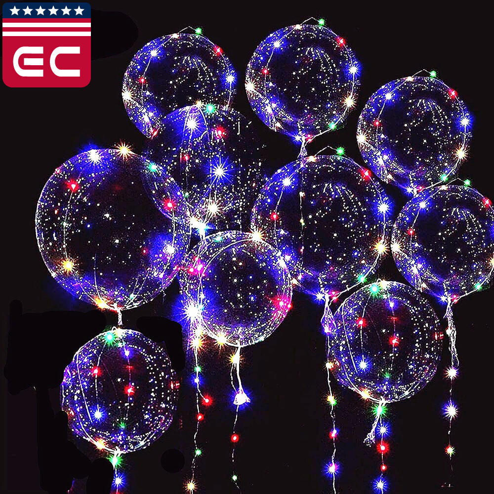 50 Pack LED Light Up BoBo Balloons 20" Party Birthday Transparent Bubble Balloon