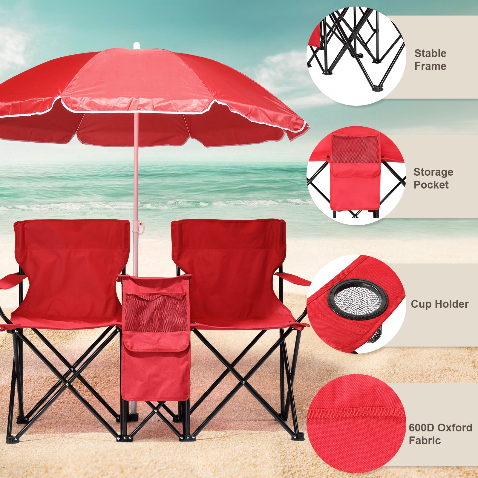Folding Camping Outdoor Picnic Double Chair with Umbrella Table Cooler Beach New