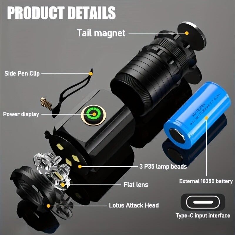High - Power LED Flashlight with 3 P35 Beads, 2000LM