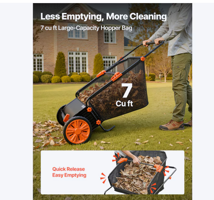 VEVOR 26" Push Lawn Sweeper – 7 cu ft Hopper, Adjustable Brushes