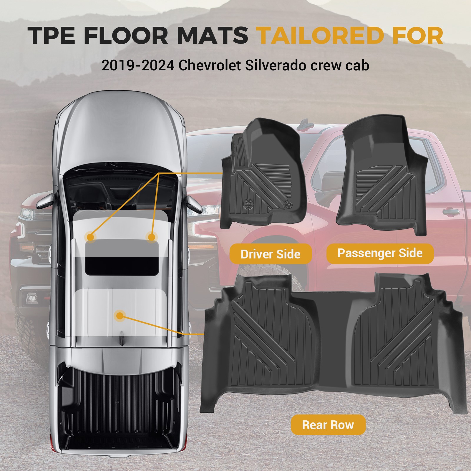 All Weather Floor Mats For 2019-2024 Chevrolet Silverado 1500 2500 HD Crew Cab