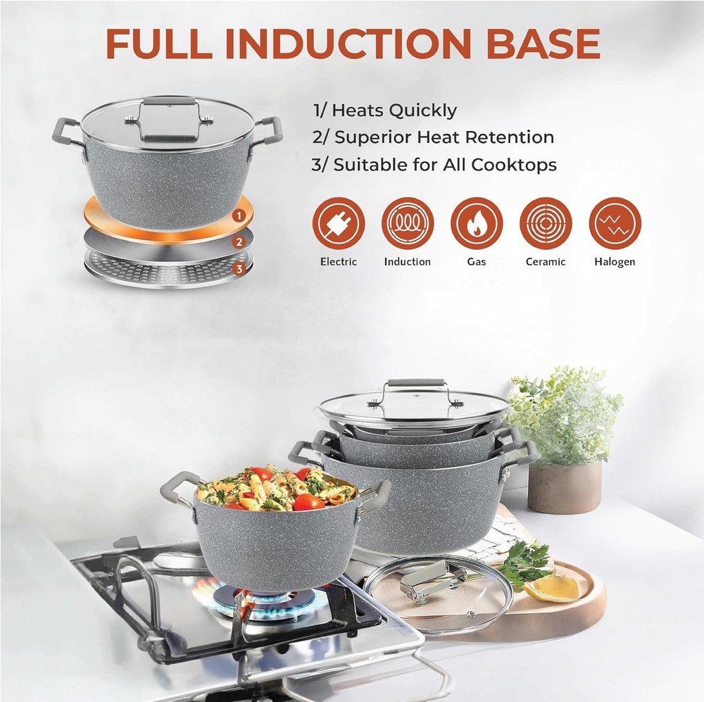 Gray Pots & Pans Set Nonstick 6 Stackable Piece Cooking Pots Set Kitchen Pots