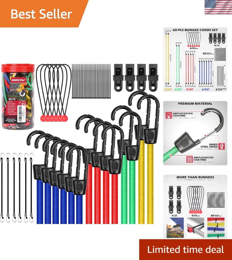 Multi-Purpose Bungee Cords - 60 Assorted Cords for Cargo & Outdoor Tasks