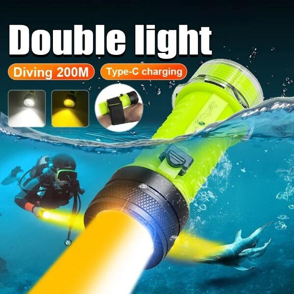 200000LM LED Diving Flashlight White/Yellow Double Light Torch Waterproof Lights