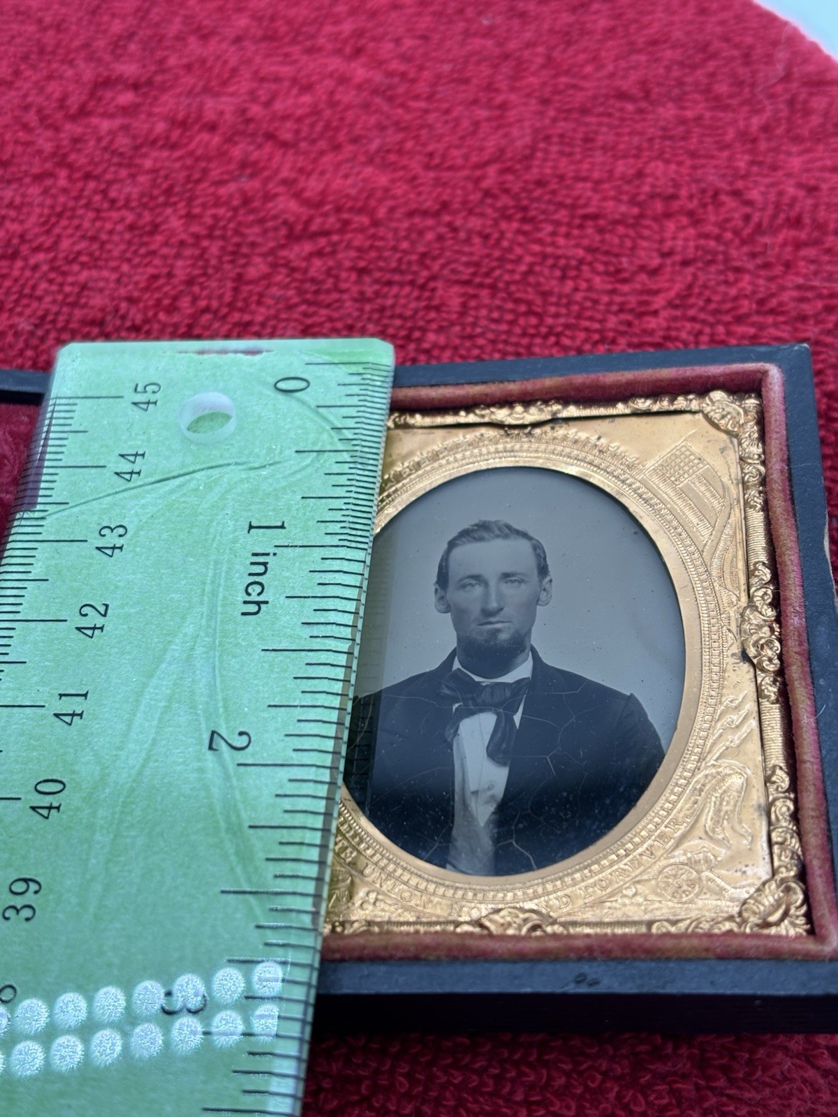 Antique Civil War Ambrotype Soldier “ The Union Now And Forever” Gold Frame Case