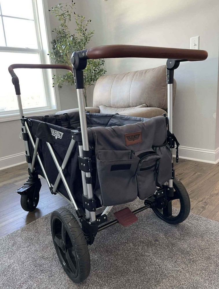 Keenz Pull-Along Wagon Stroller Black Double Seating Canopy Storage Rubber Tires