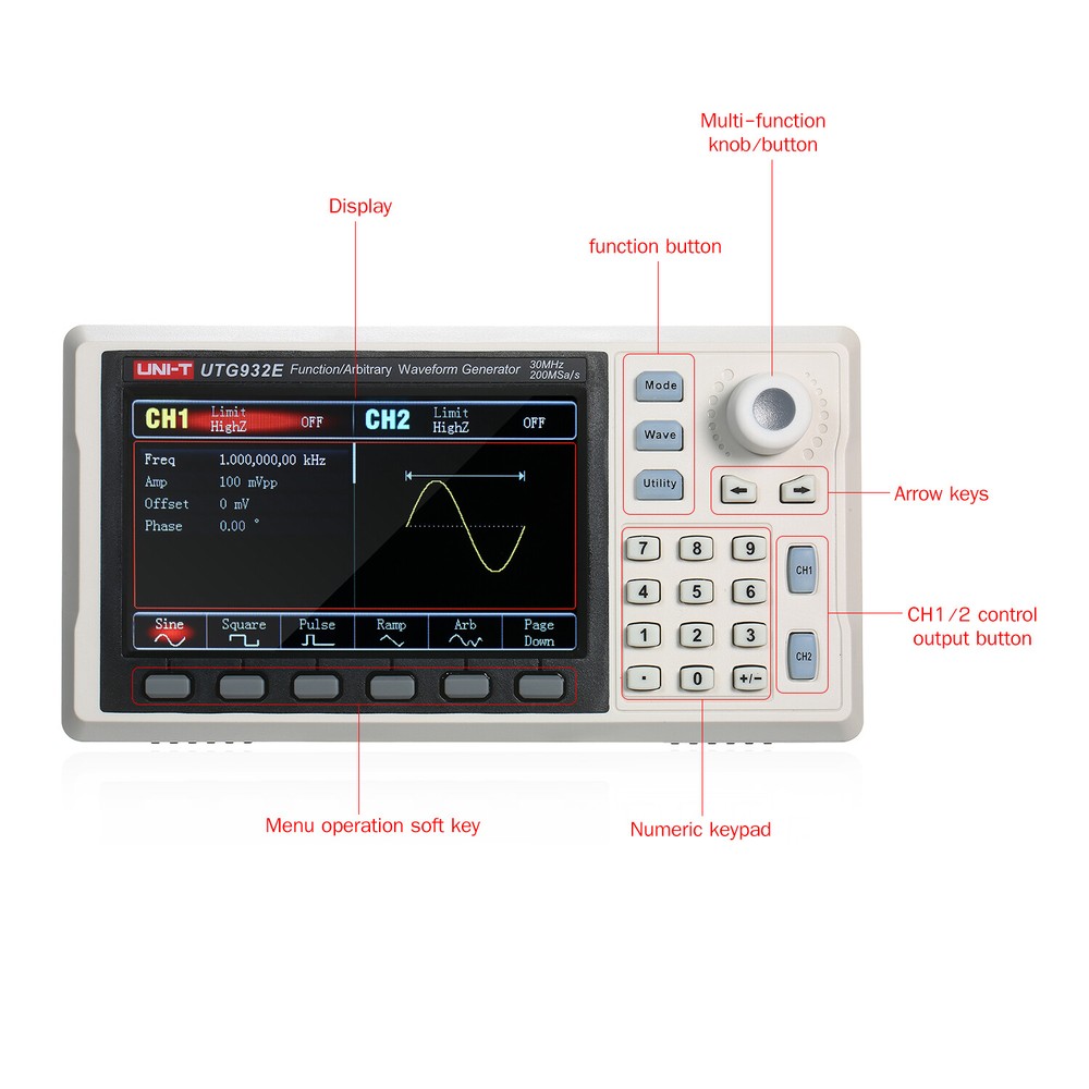UNI-T Function Signal Generator Arbitrary Waveform 2CH 30MHz Frequency Meter