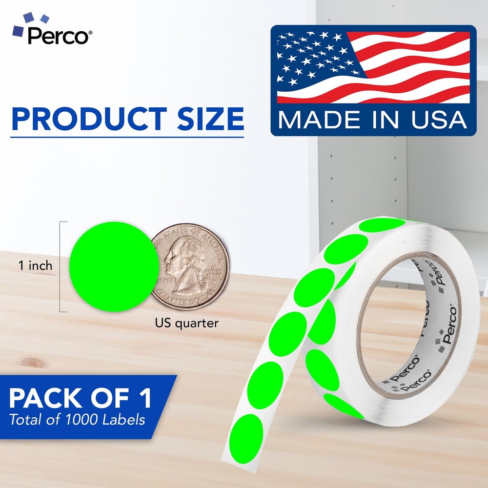 Perco Fluorescent Green 1-Inch Round Circle Dot 1 Roll,