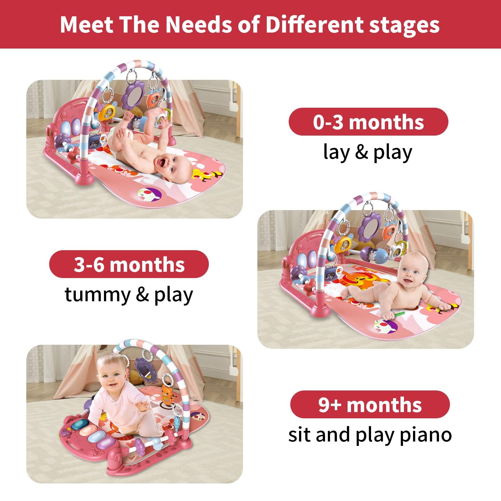 Baby Gym Play Mat, Piano Kick and Play Lights and Music Tummy Time Toys Infan...