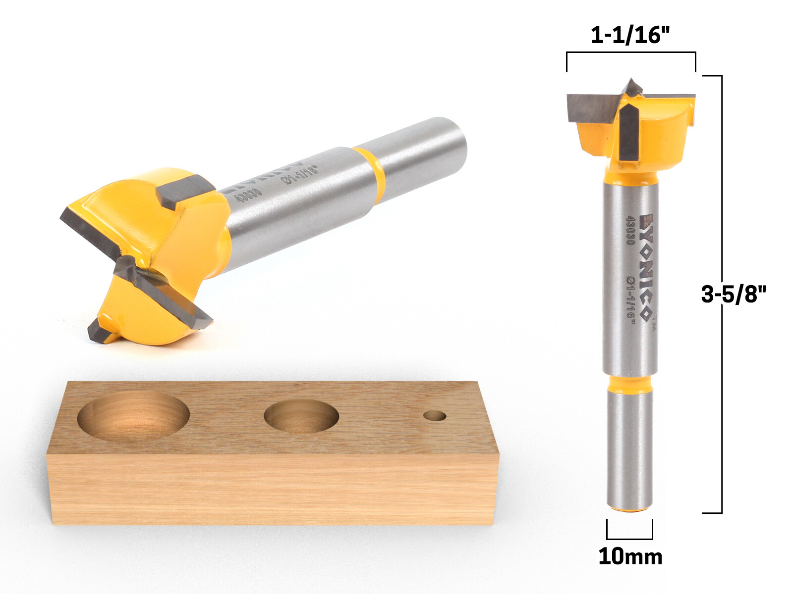 1-1/16" Diameter Carbide Forstner Drill Bit - 10mm Shank - Yonico 43030C