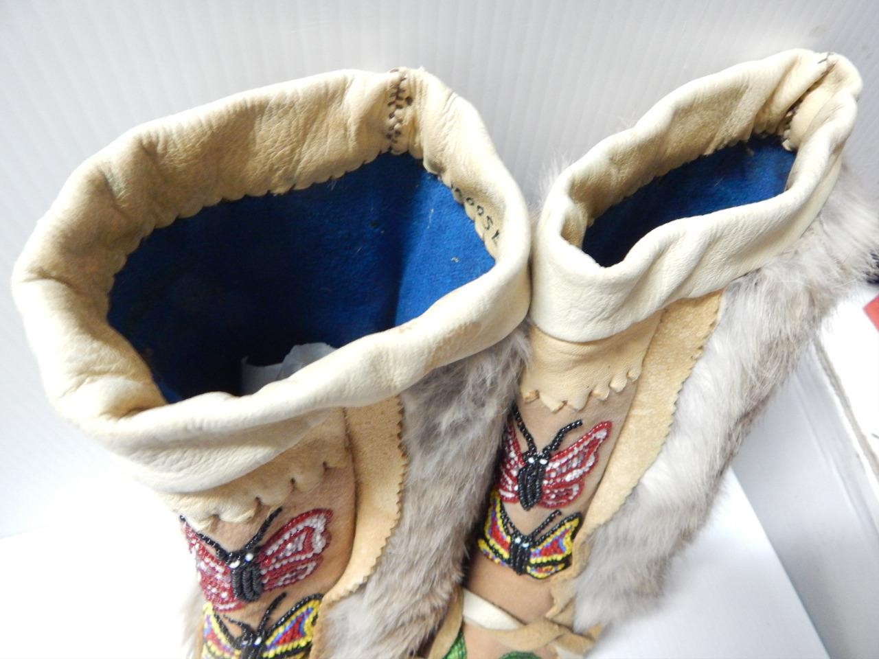 VINTAGE CANADIAN NORTHERN CREE INDIAN HI TOP BEADED BUTTERFLY MUKLUKS MOCCASINS