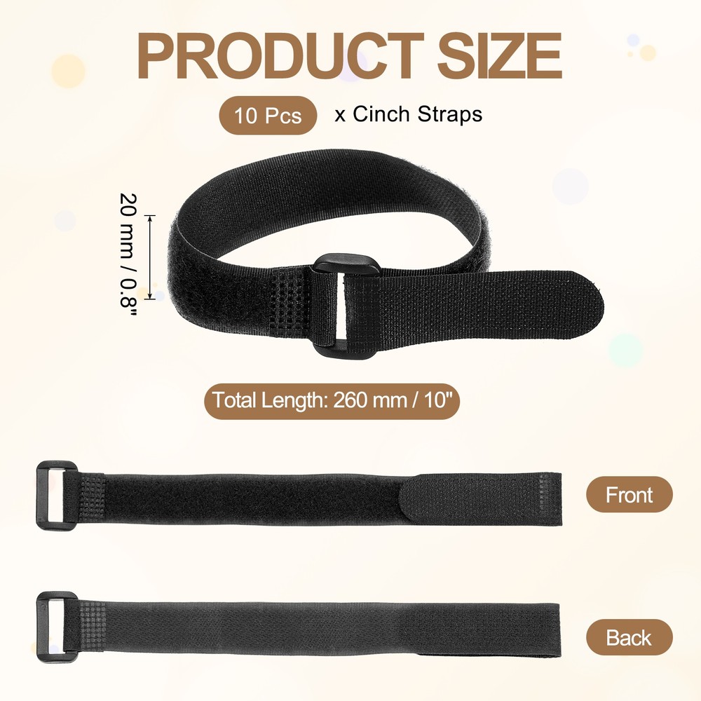 10pcs Reusable Cinch Straps 0.8"x10" Hook and Loop Cable Securing Straps, Black