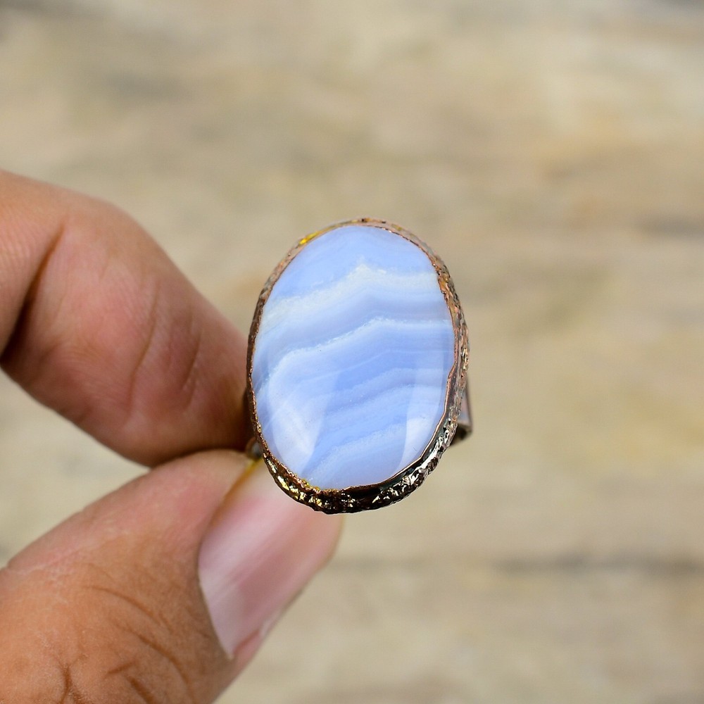Blue Lace Agate Copper Mum Gift Electroformed Adjustable Ring Size Adjustable