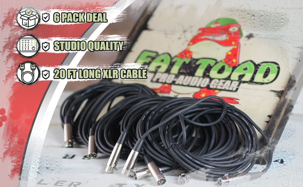 XLR Microphone Cables (6 Pack) by FAT TOAD | 20ft Pro Audio Mic Cord Patch