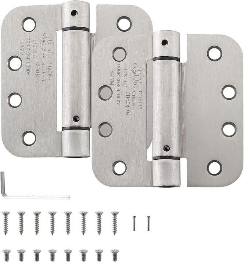 4” Self Closing Door Hinges | Spring Loaded | Adjustable | Satin Nickel | 2 Pack