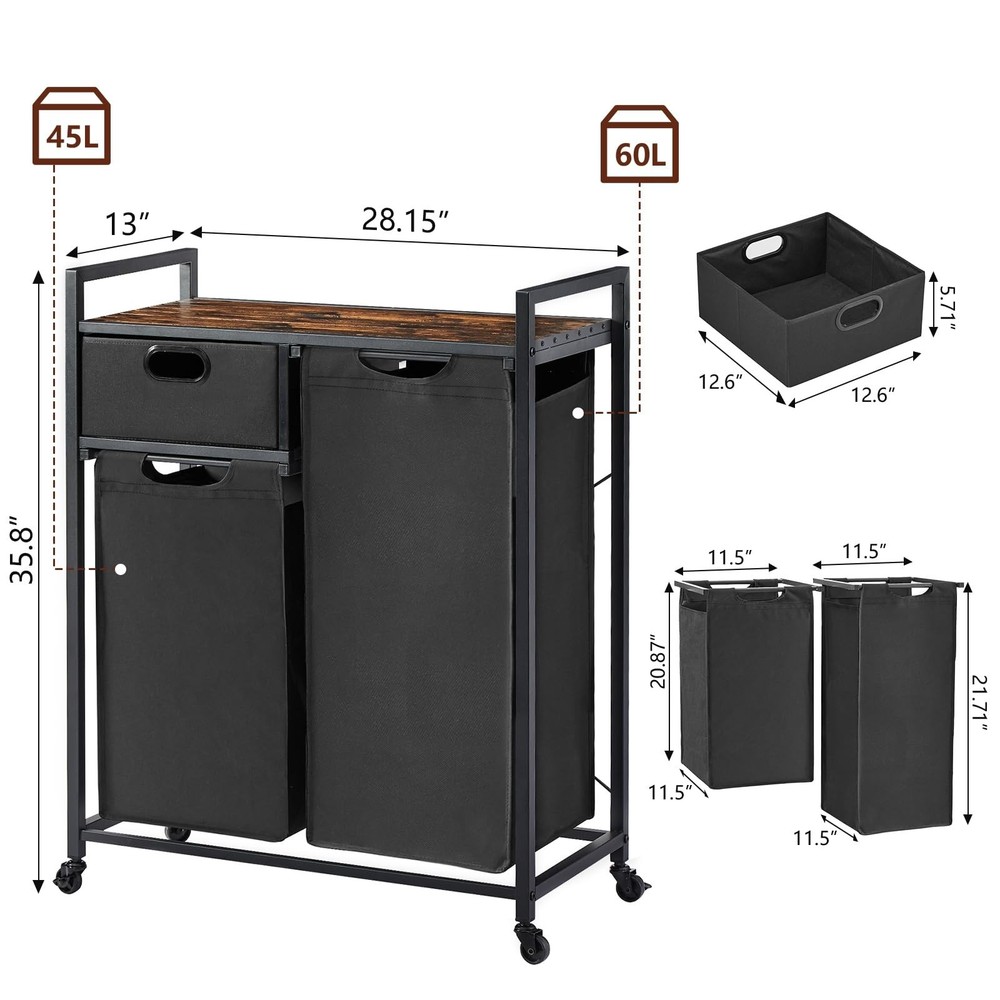 Large Rustic Brown & Black Laundry Basket with Wheels, 3 Compartments, 60L Ca...
