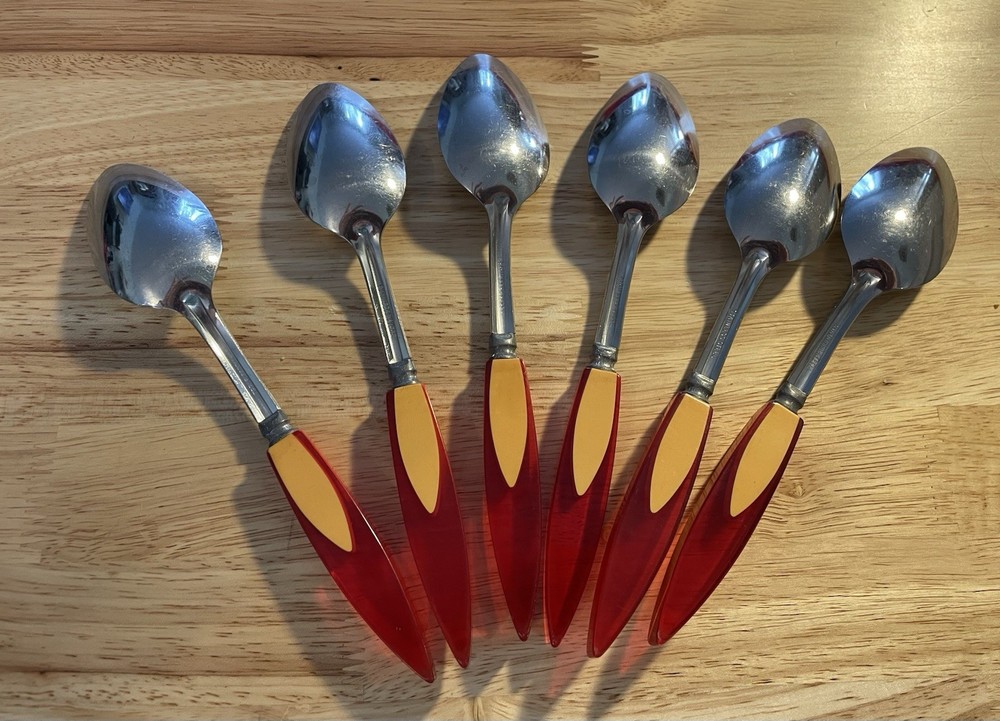 Bakelite Catalin Inlaid Teardrop Cherry Red Butterscotch Flatware 24 pc