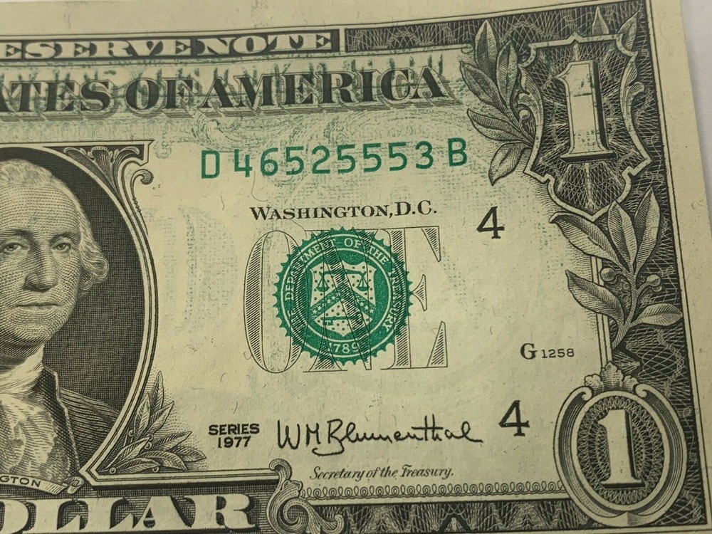 1977 $1 Wet Ink Transfer Offset Major Error One Dollar Uncirculated Note