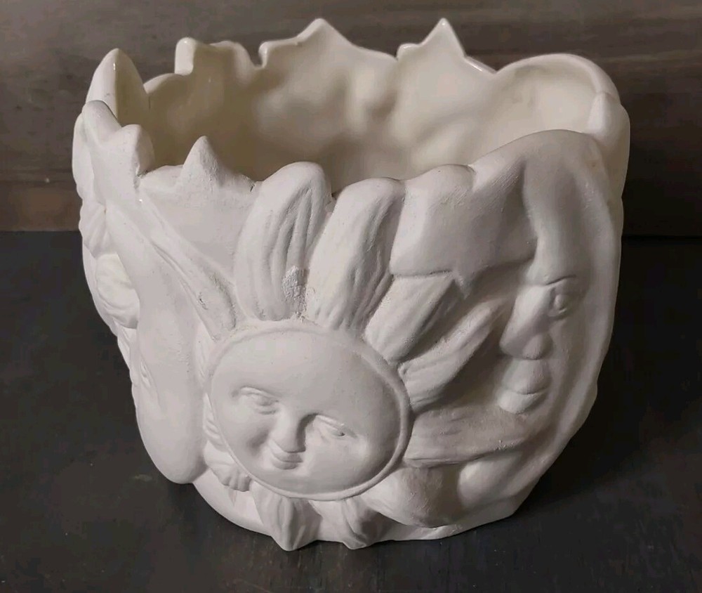 Ceramic Bisque Ready to Paint Celestial Moon Sun Planter Pot Dish Glazed Inside
