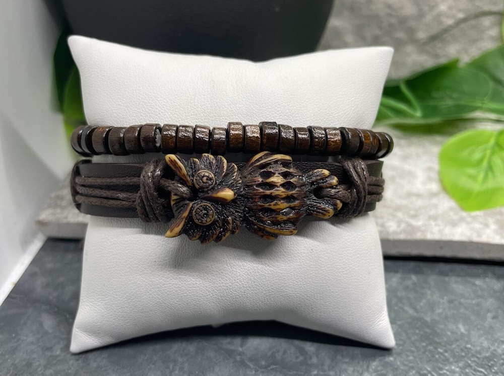2 PC Leather Bracelet Wood Bead Stackable Adjustable Tie Free Ship B2906
