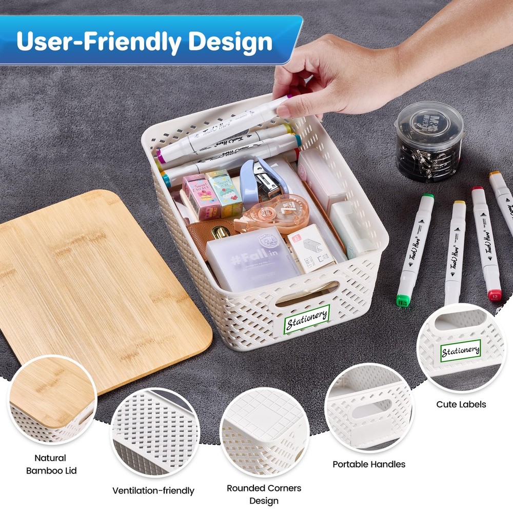 Anysig 8 Packs Plastic Storage Bins with Bamboo Lids - Stackable Storage Bins...