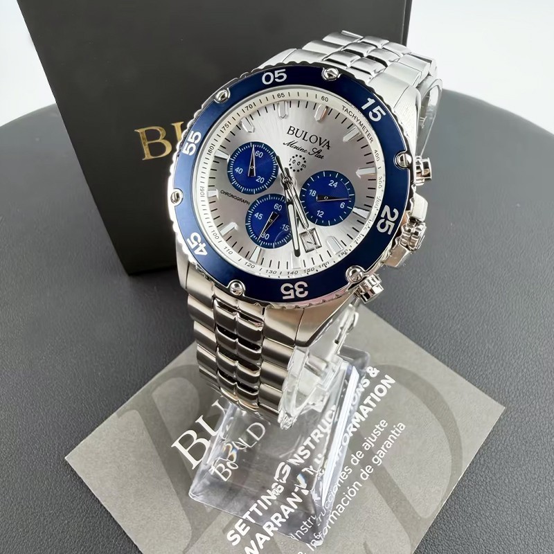 Men Bulova Marine Star White/Blue Dial Chronograph 98B423 Quartz Watch 41.5mm