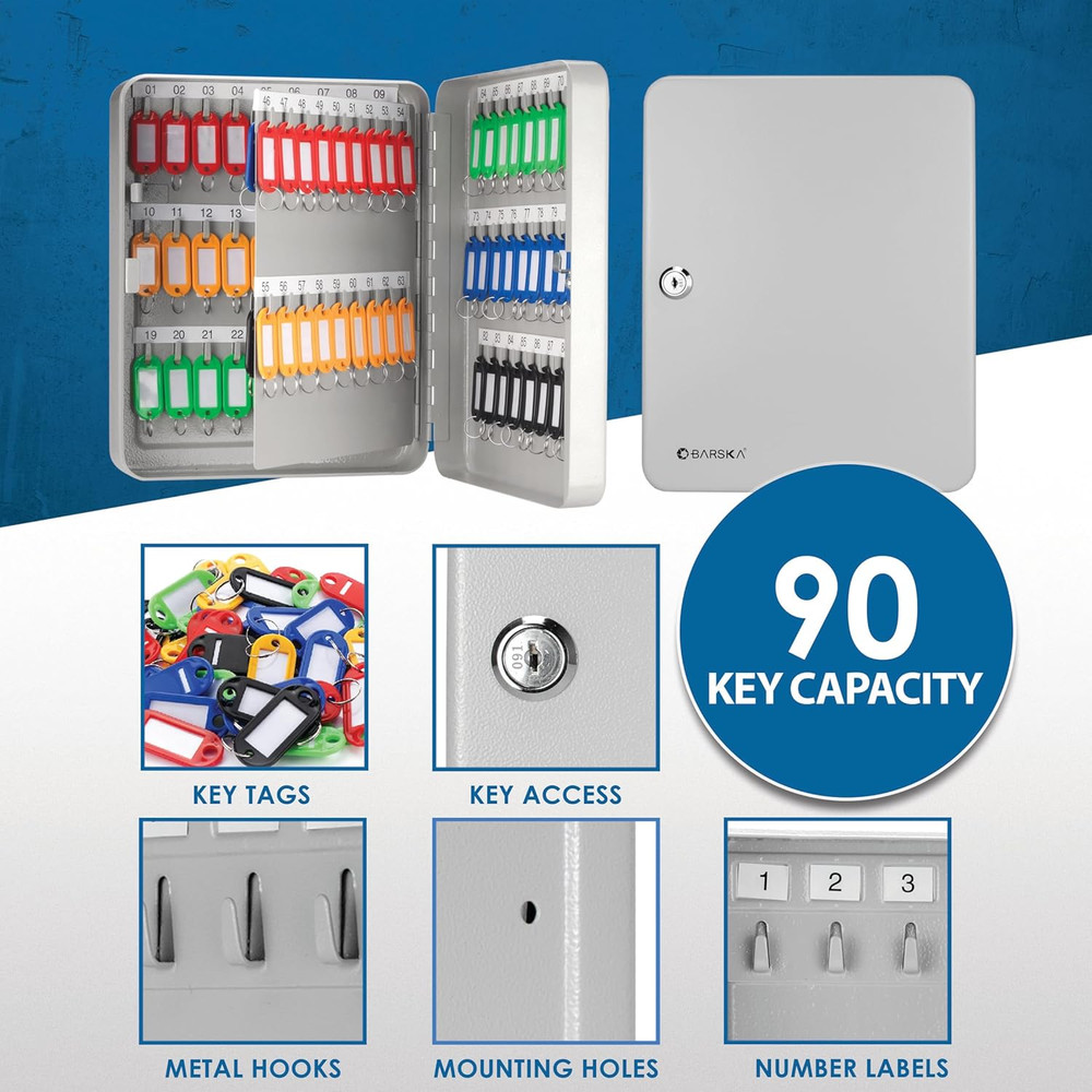90 Position Key Lock Box – Hook-Style Cabinet with Numbered Hooks, Key Tags, Log